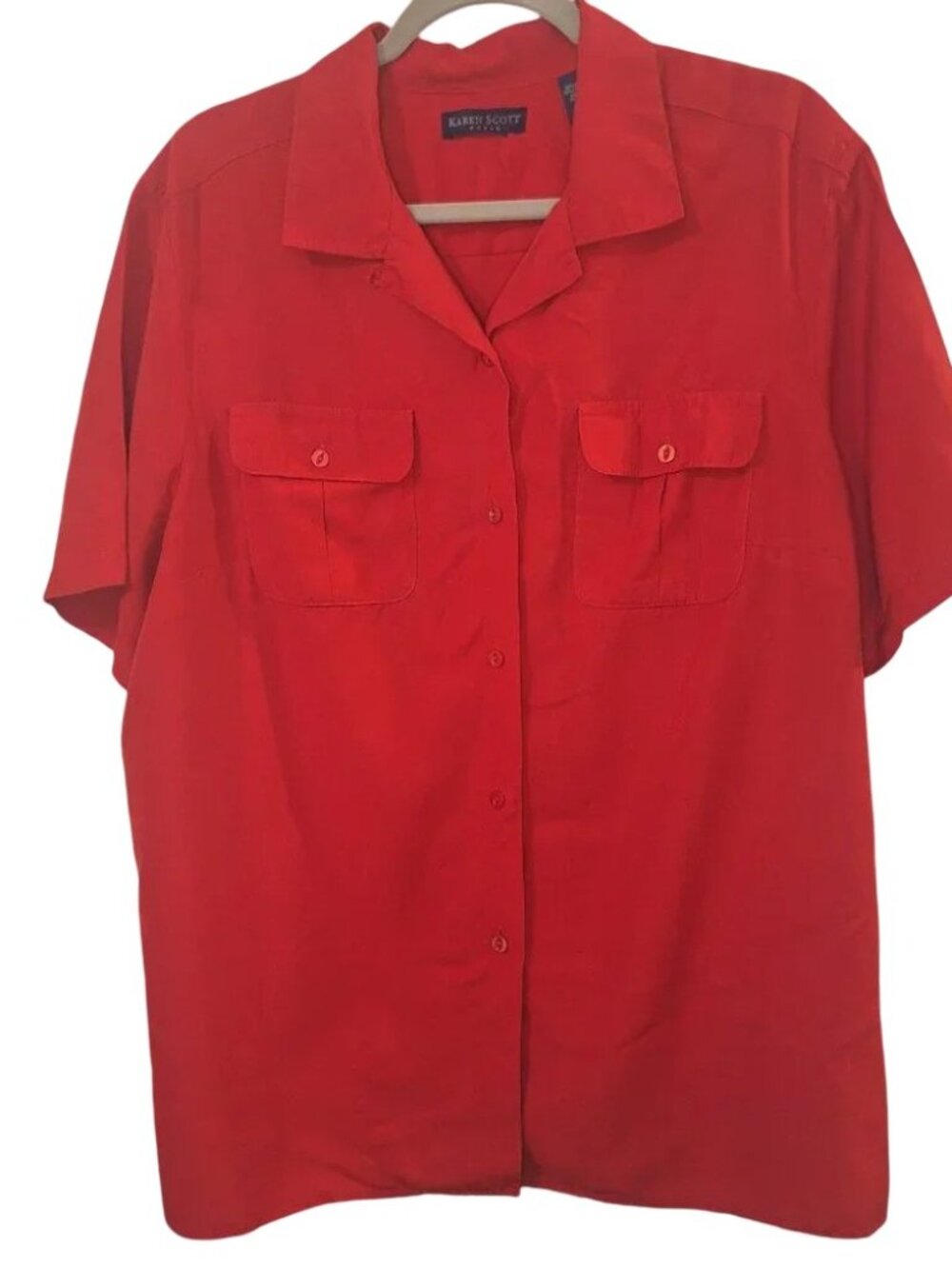 Karen Scott Red Camp Shirt Short Sleeve Button Down Utility Blouse Sz XL